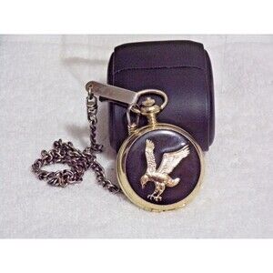 Eagle Pocket Watch with Clip & Chain New Battery Flips Open Black & Gold